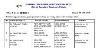 PSPCL transfer 38 AAE to Addl SE officials