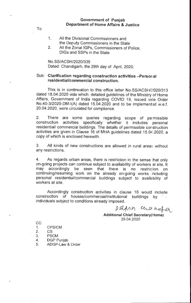 Punjab govt clarifies on commercial/ residential construction activities