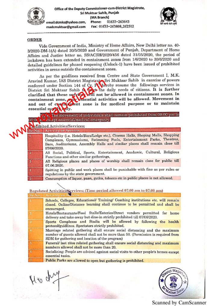 Sri Muktsar Sahib DC issues lockdown 5.0 guidelines