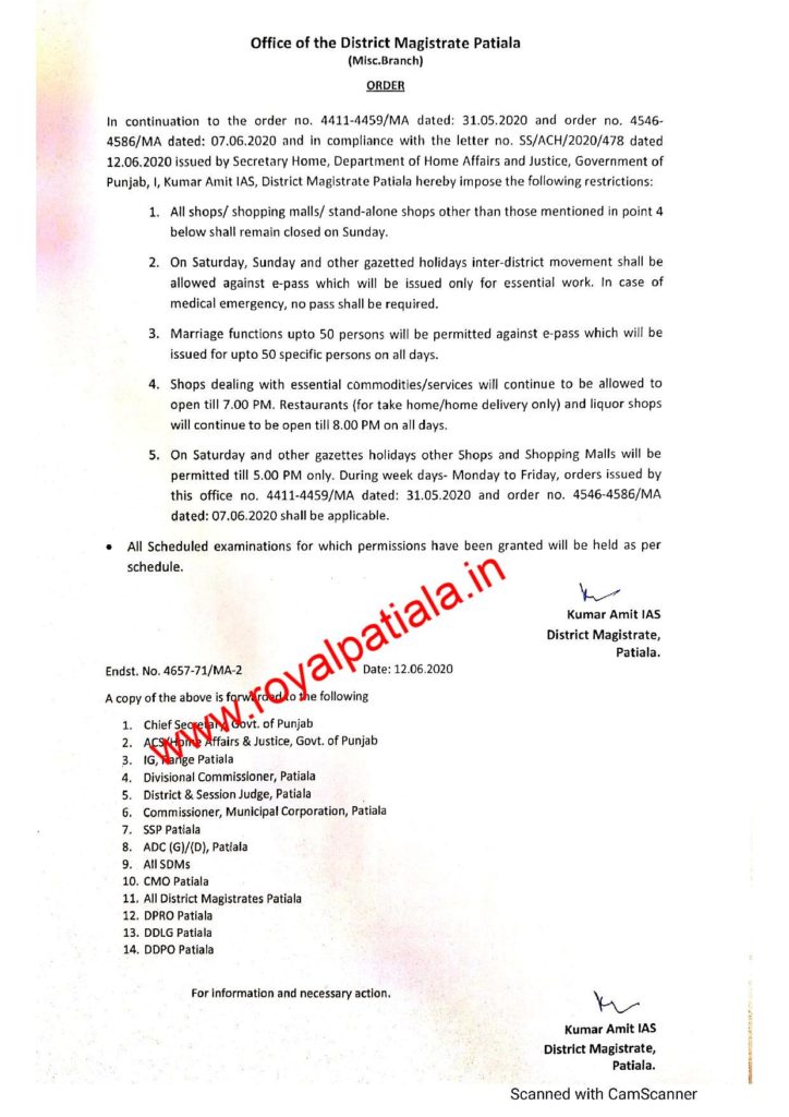DC Patiala issues fresh guidelines for weekend restrictions