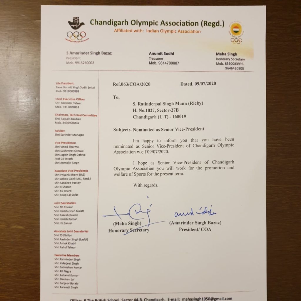 Honour for Ratinderpal Singh; Chandigarh Olympic association nominated him as sr. vice president