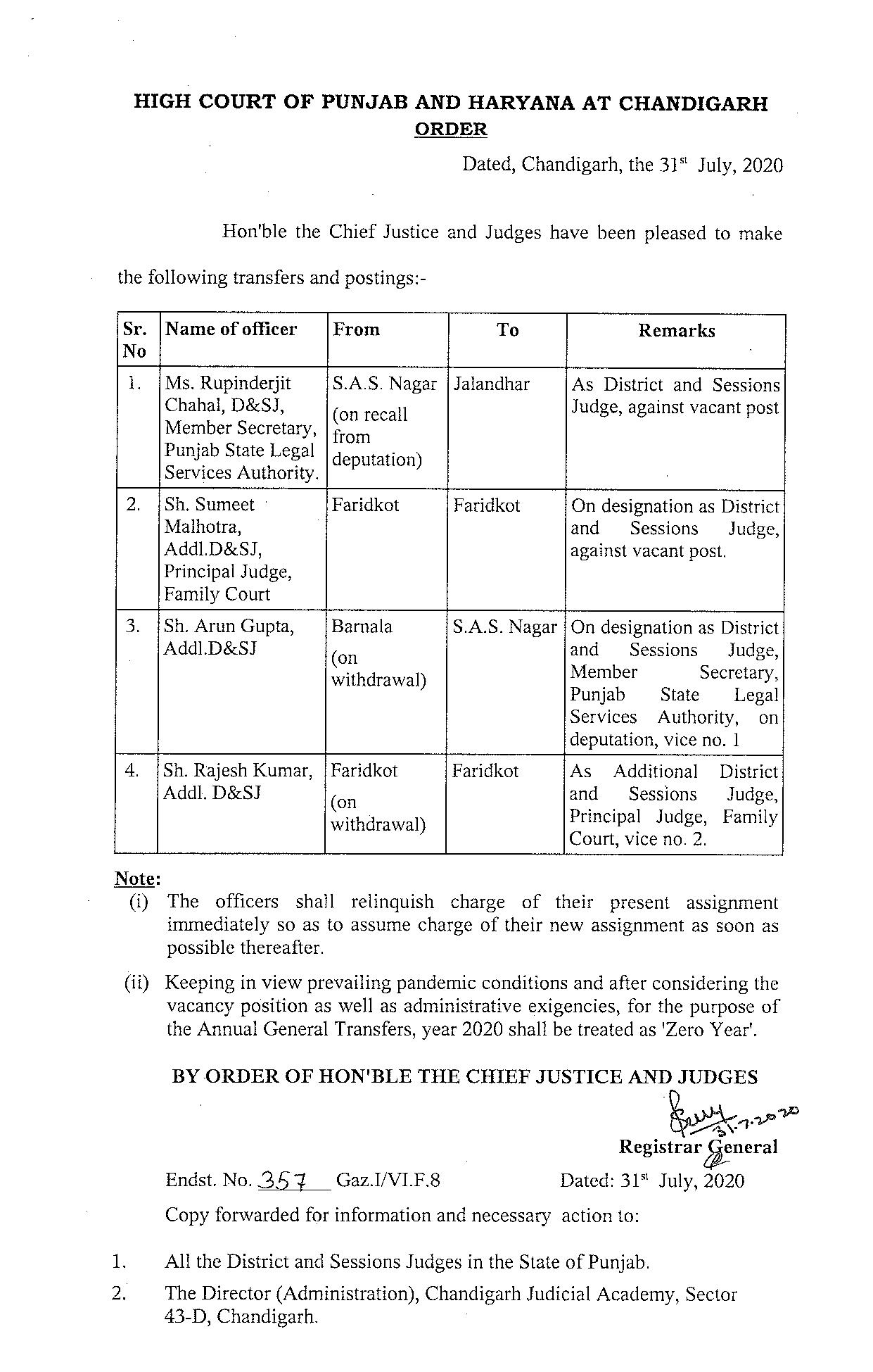 Punjab and Haryana high court transferred district & sessions judges