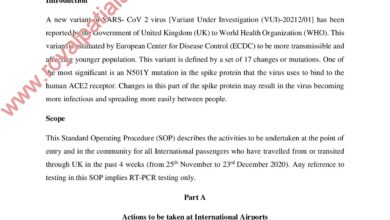 Punjab Govt. issues SOP for new variant SARS-CoV-2 virus detected in UK