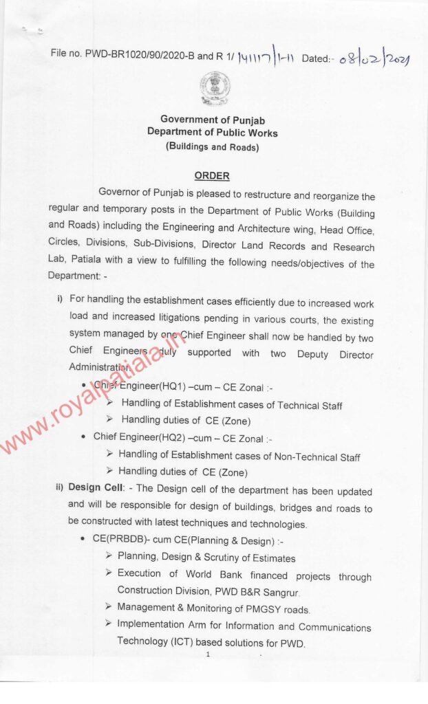 Punjab govt restructure PWD (B&R) department