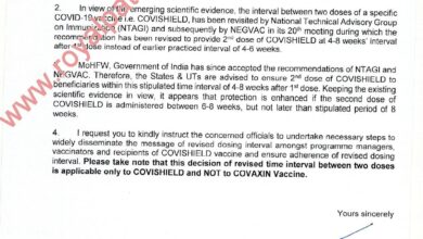 Covid vaccination update ; increase in time between two doses ;recommendation by govt