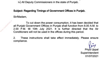 Punjab govt issues instructions for change in timings; use of AC’s in office