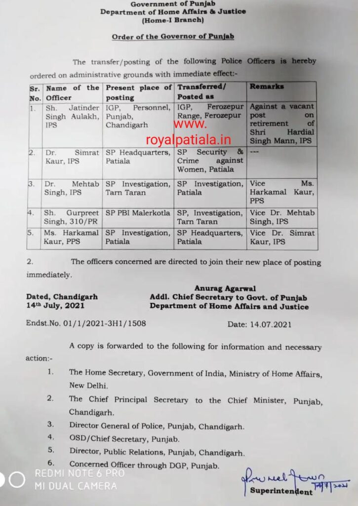 IG amongst IPS-PPS transferred in Punjab