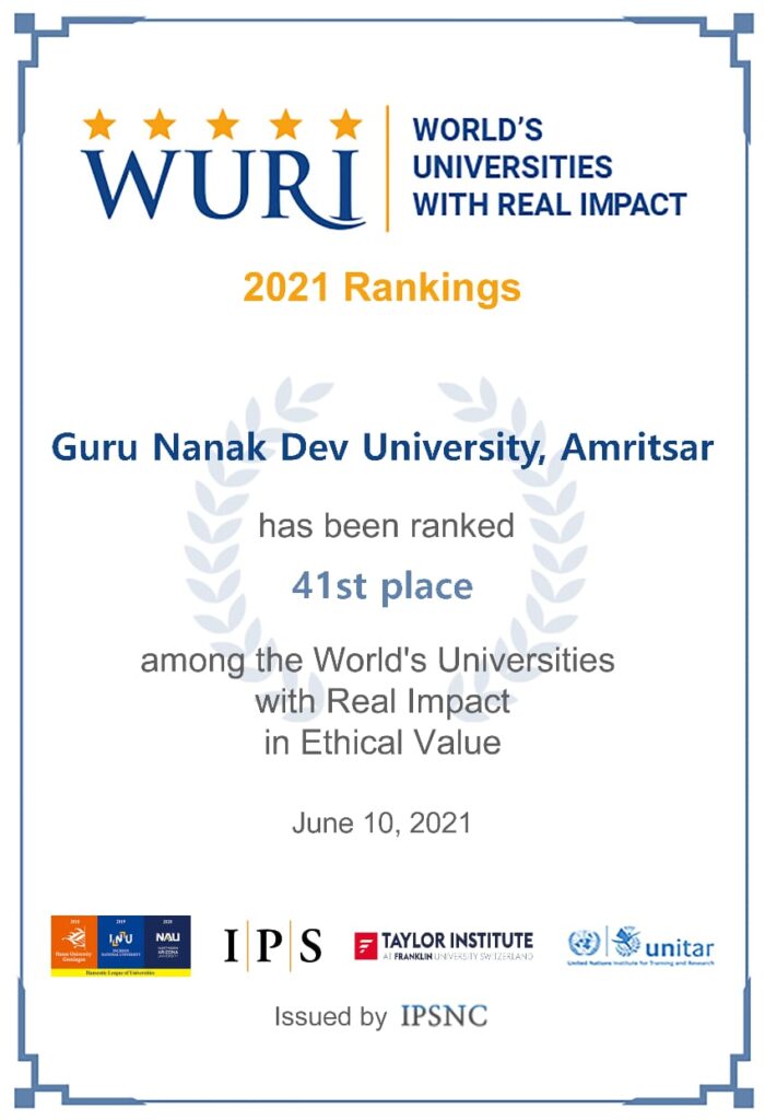 Guru Nanak Dev University attains 41st rank in the World-VC