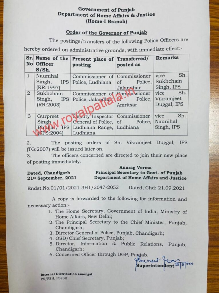Punjab Police transfers- all 3-J.A.L. commissioners of police changed