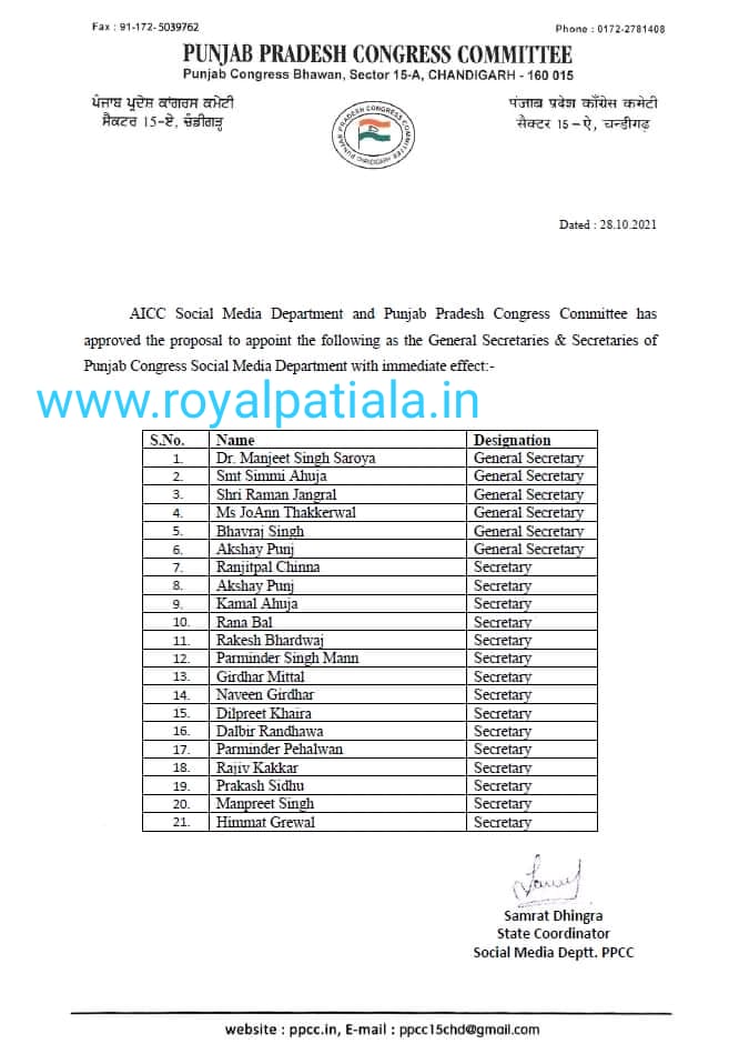 Strengthening social media -Punjab congress gets 6 general secretaries; 15 secretaries