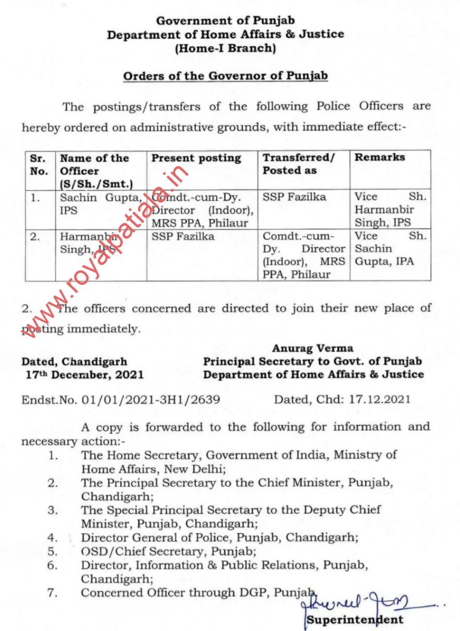 SSP amongst 13 IPS-PPS transferred in Punjab