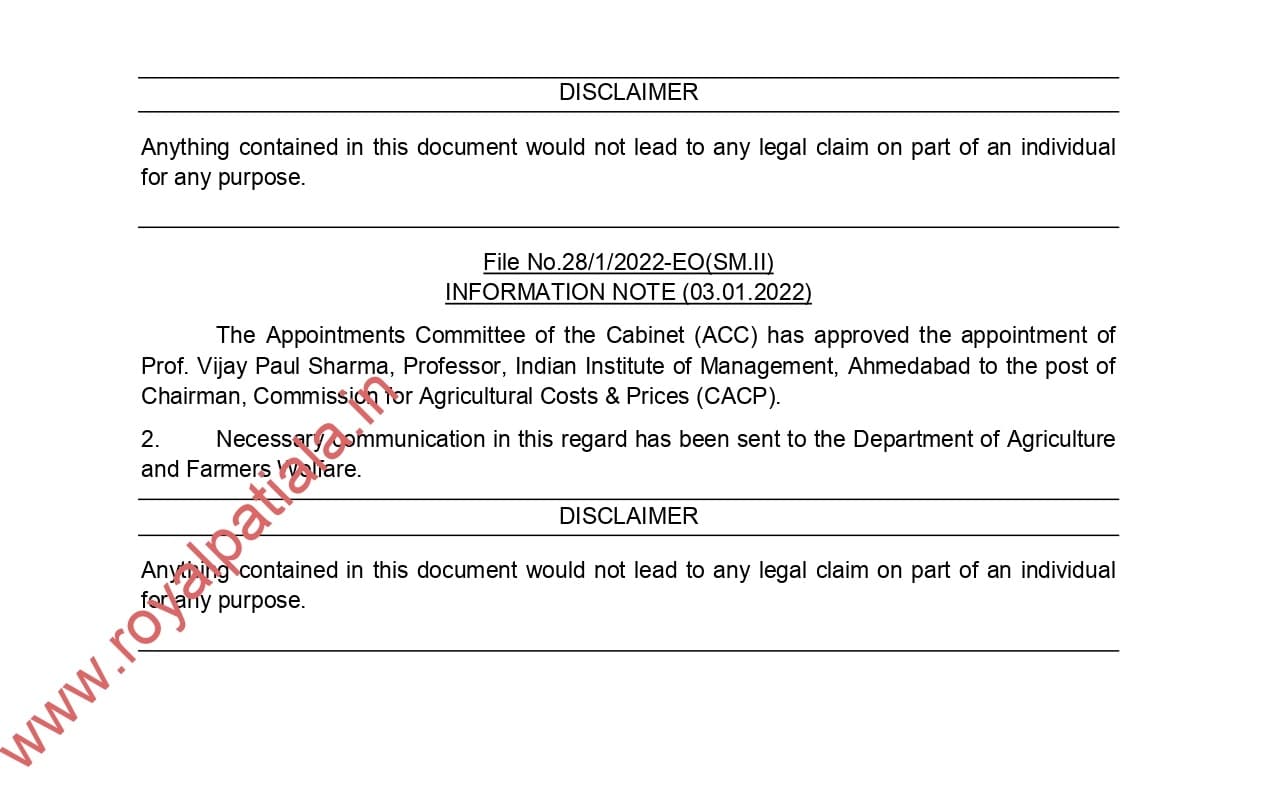 Framers demand on MSP -Union govt appointed chairman of CACP