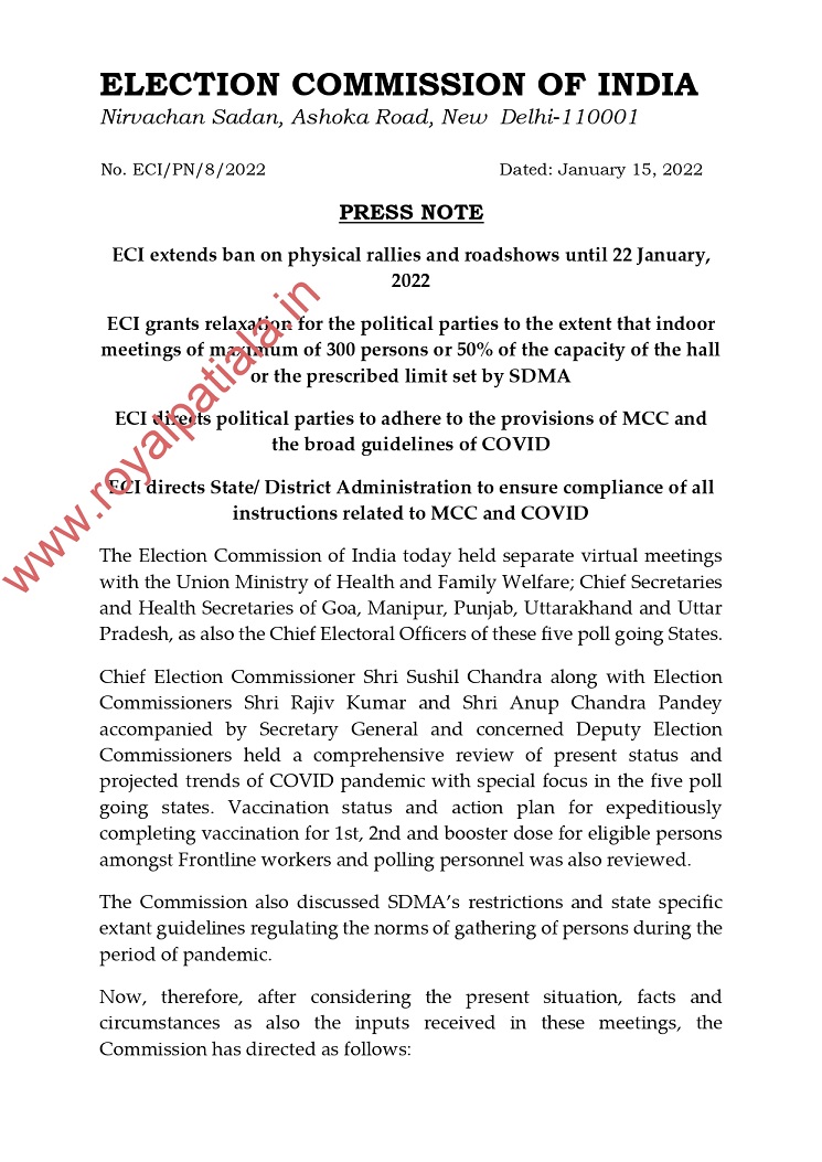 ECI issues revised guidelines on physical rallies and roadshows