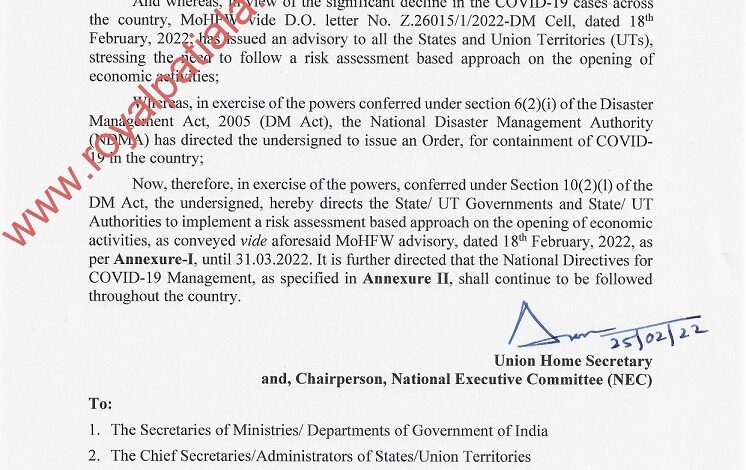MHA issues new COVID 19 directives to States/UTs