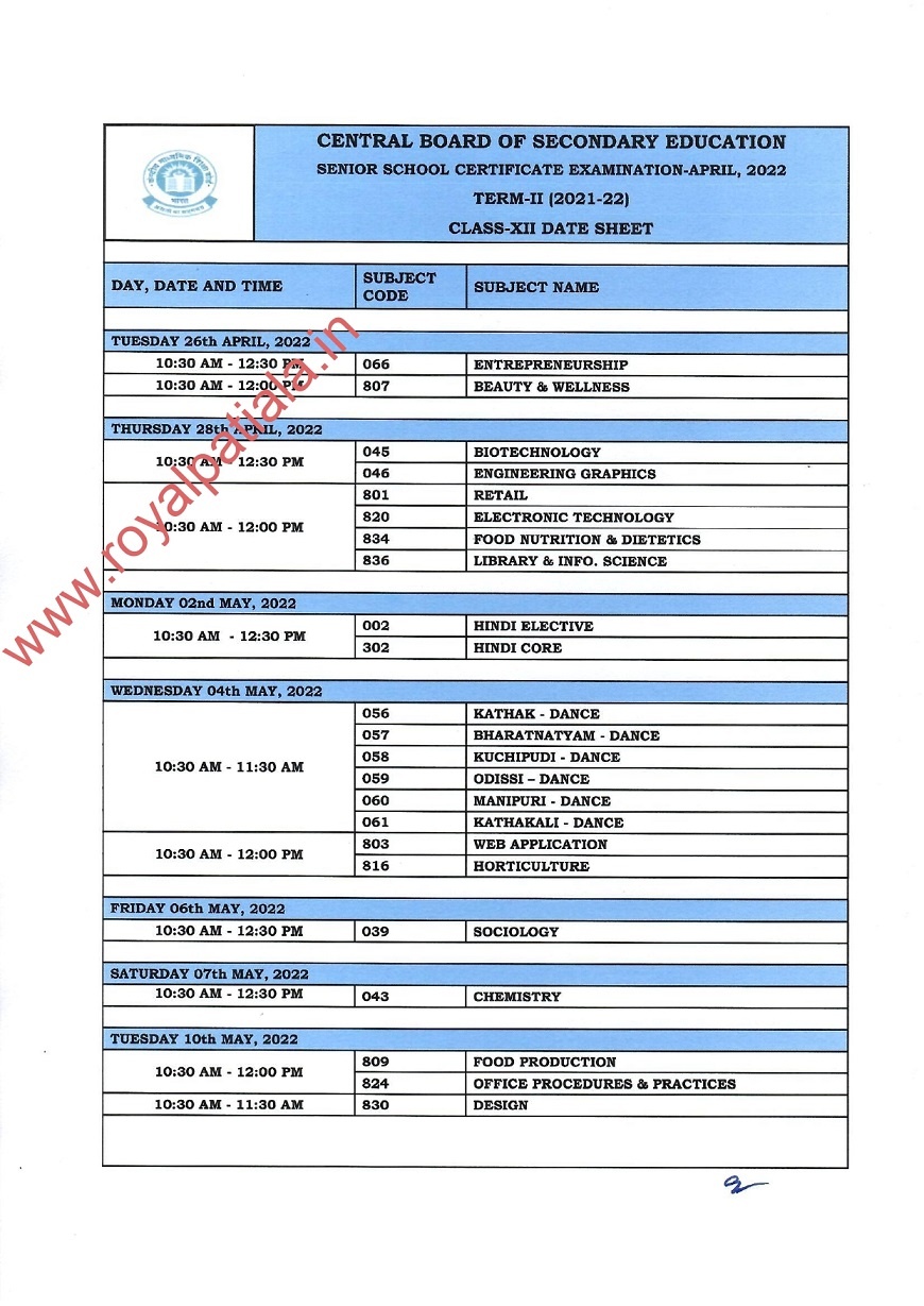 CBSE has released the date sheet of class 10+2 Term II.