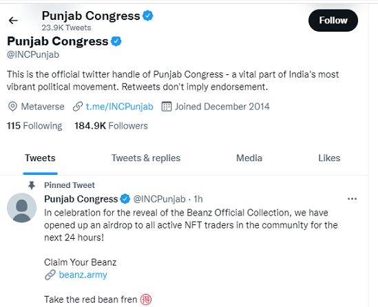 Punjab’s political party social media account hacked