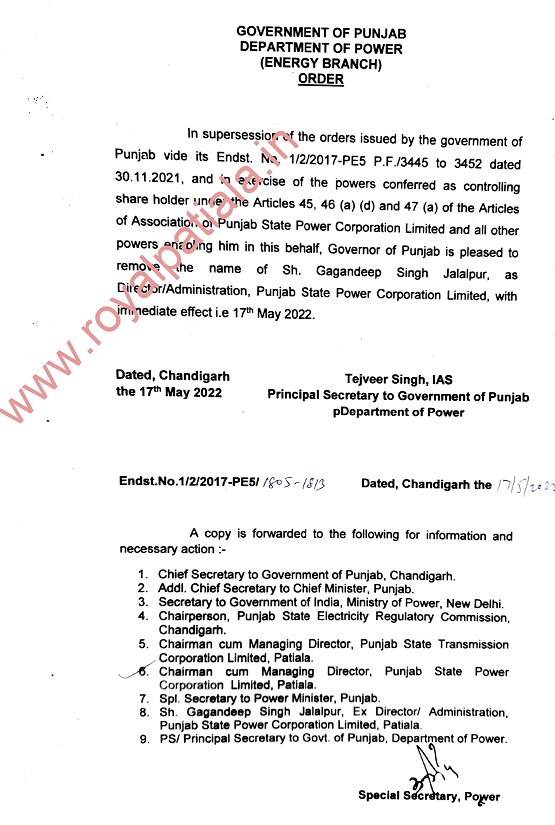 Punjab govt removes Congress appointee Director PSPCL