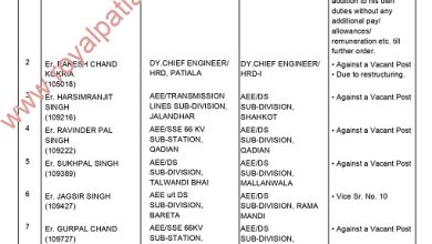 PSPCL transfers-10 engineers from Dy CE to AE transferred