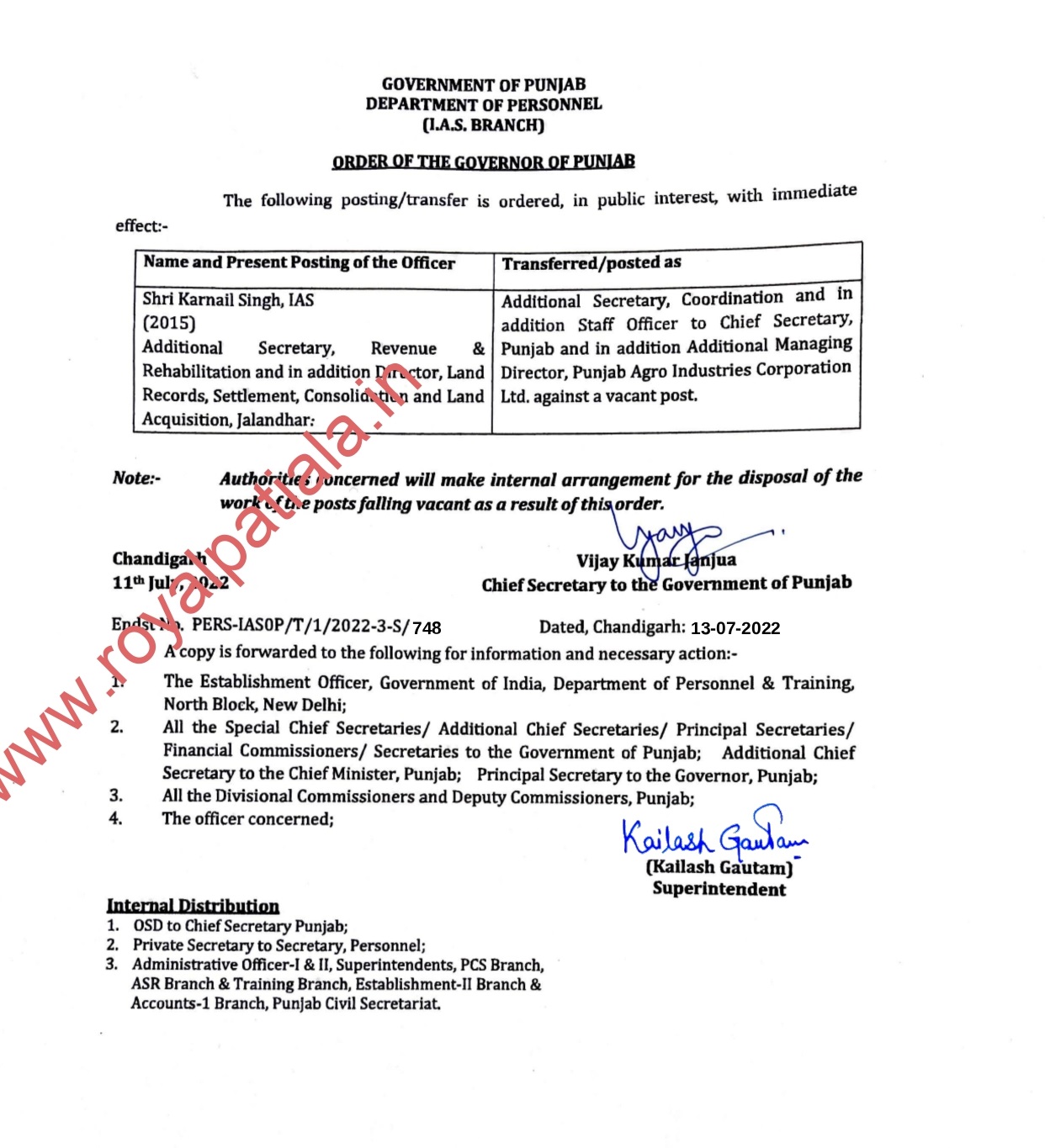 IAS officer appointed as Staff Officer to Chief Secretary, Punjab