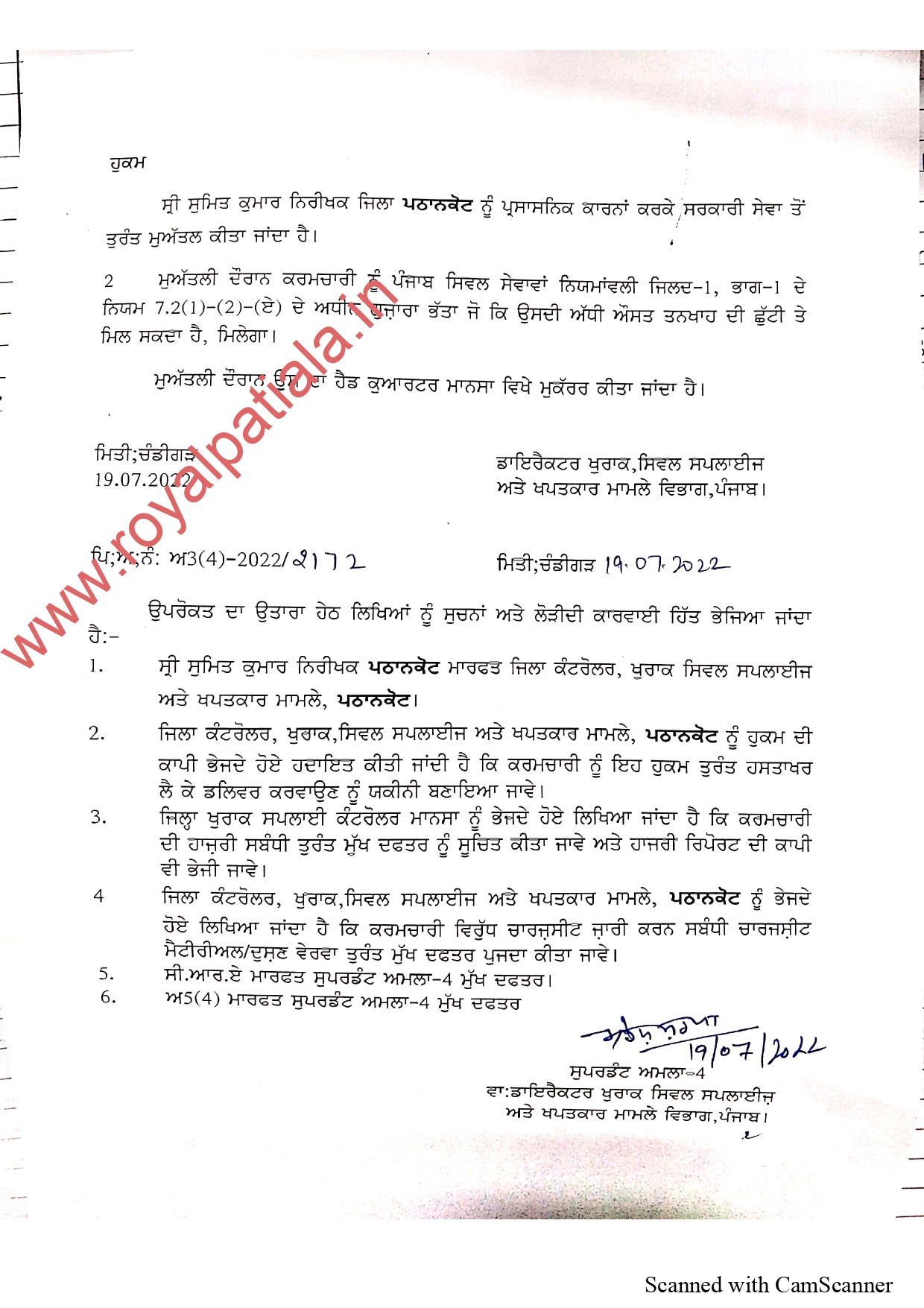 Inspector suspended by director food and civil supply department,Punjab