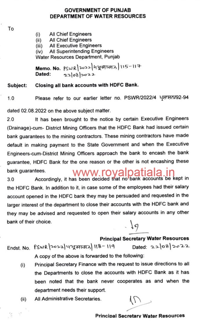 Punjab govt Principal Secretary orders closure of bank accounts with HDFC Bank 