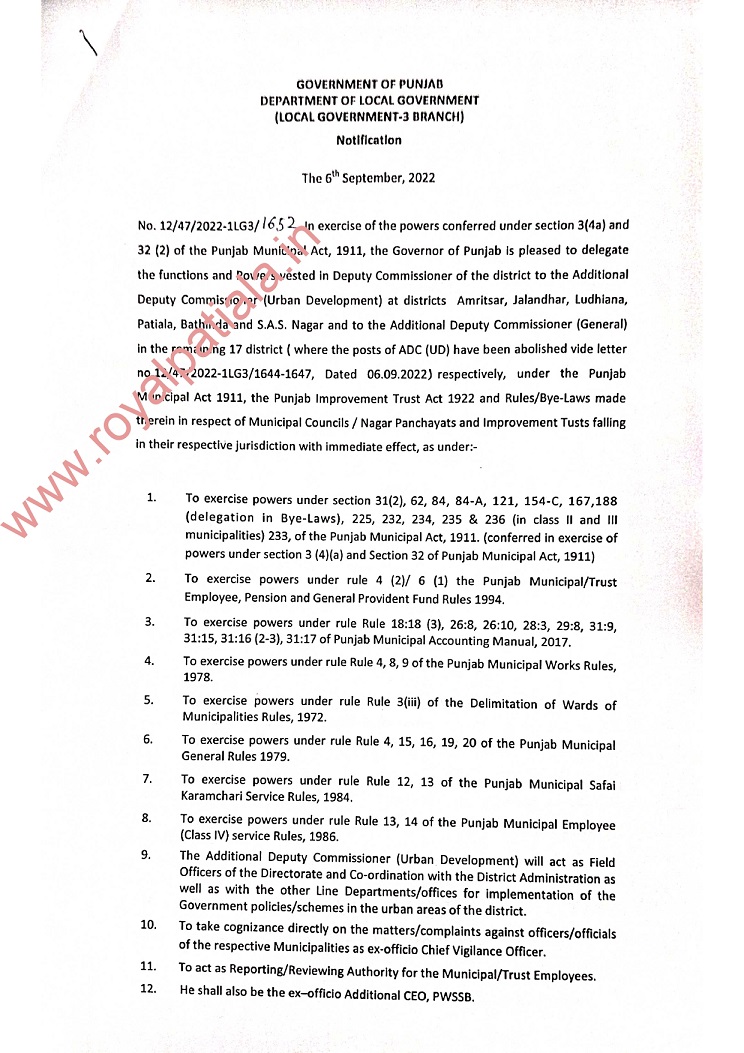 Punjab govt issues notification of abolishing 17 ADC (UD) posts; powers delegated to other officers 