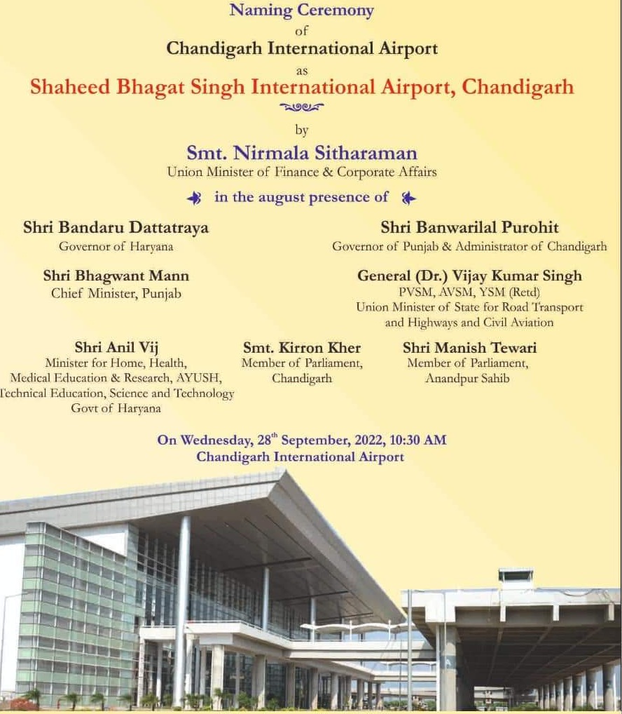 Nirmala Sitharaman to do the “Naming Ceremony” of Shaheed Bhagat Singh International Airport