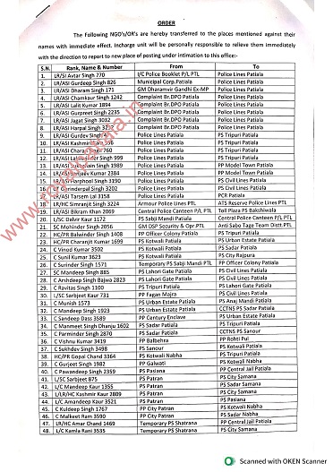 Major reshuffling in Patiala police; SHO’s amongst many NGO’s transferred by SSP