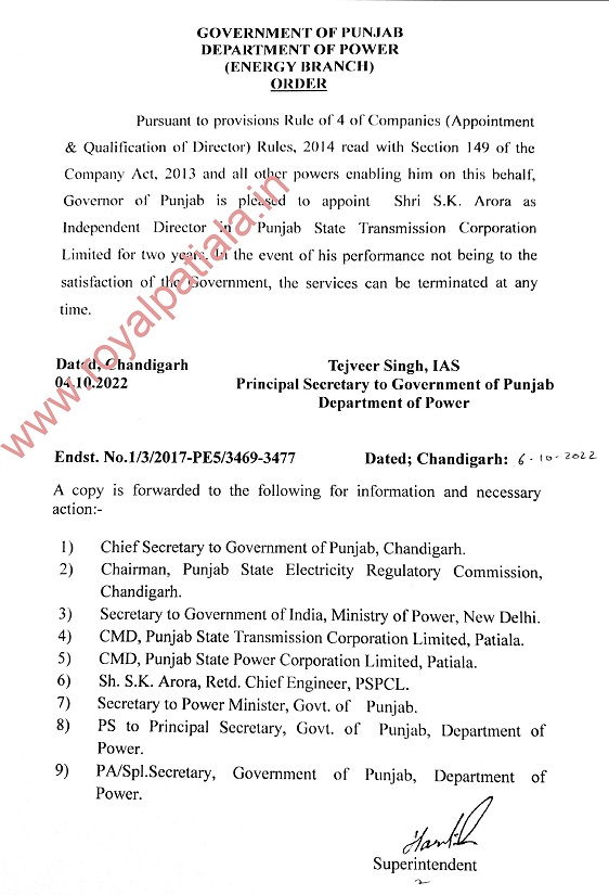 Punjab govt extended term of a PSTCL director; appointed another