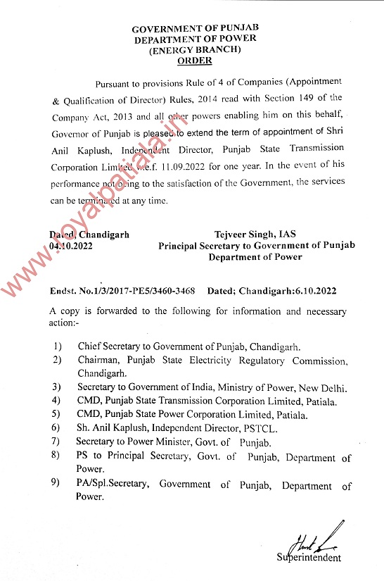 Punjab govt extended term of a PSTCL director; appointed another 
