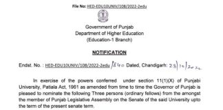 Punjab govt appointed three MLAs as Senate Members of Punjabi University , Patiala
