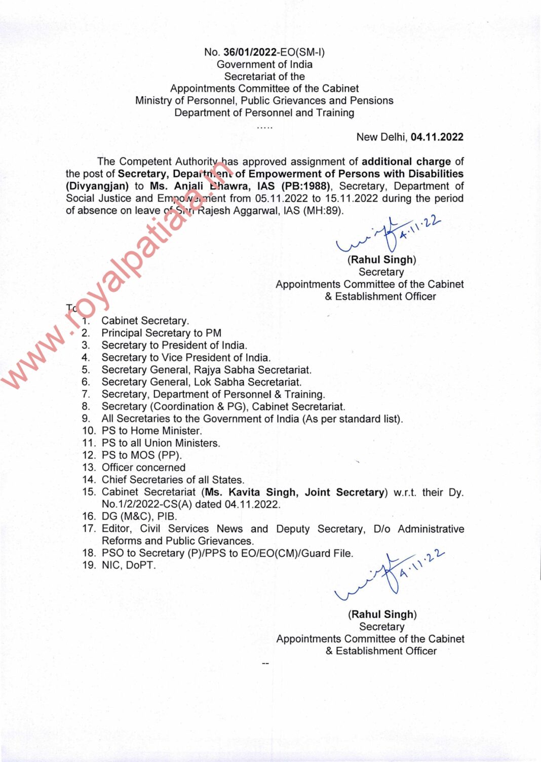 Punjab IAS on central deputation gets additional charge.