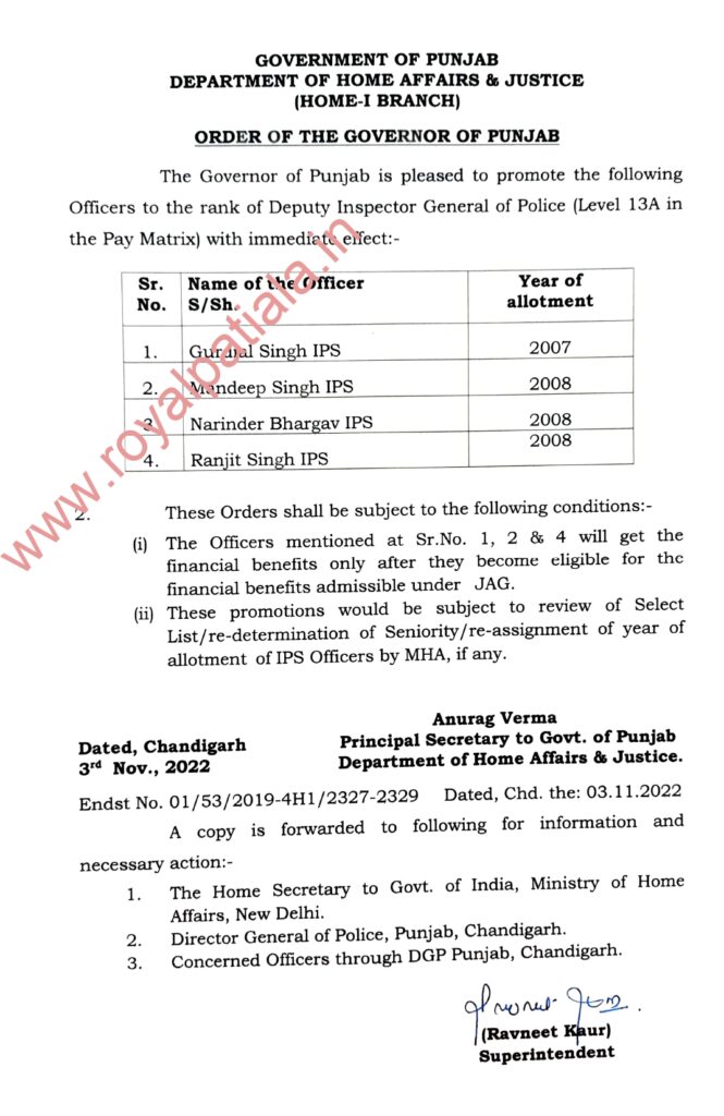 Promotions-Punjab govt promoted four IPS officers as DIG’s 