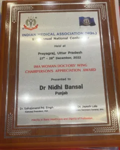 Dr Nidhi Bansal honored for her exemplary work by National IMA Head Quarters
