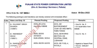 PSPCL transfers; 47 AE to Addl SE transferred
