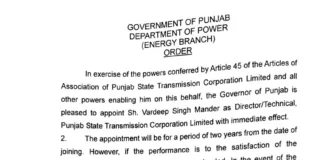 Punjab govt issues appointment orders of director PSTCL