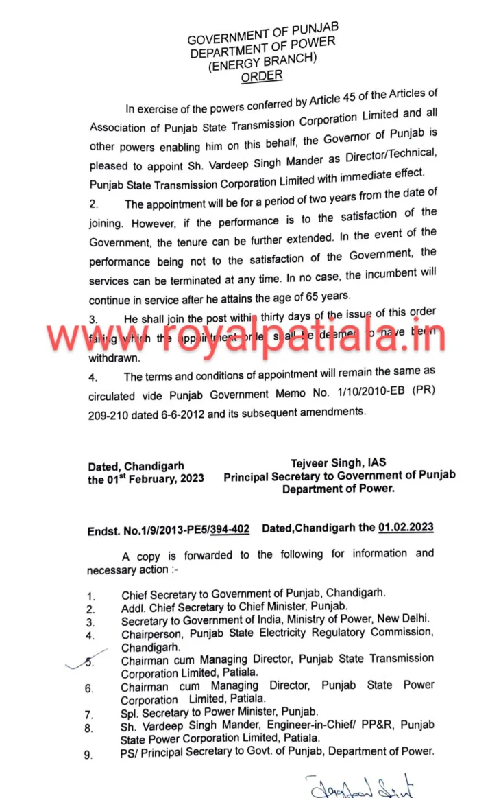 Punjab govt issues appointment orders of director PSTCL