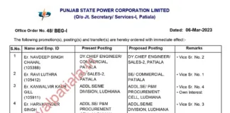 PSPCL’s transfers-49 engineers from Dy chief engineer to AE transferred