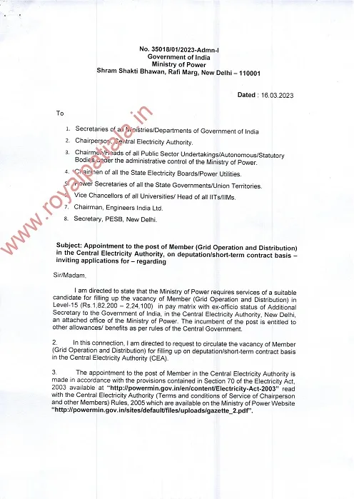 Ministry of Power invites application for the posts of member grid operations, distribution in CEA