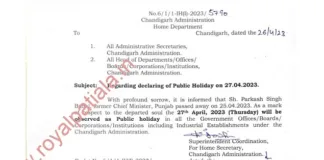 Chandigarh administration announces holiday for April 27,2023