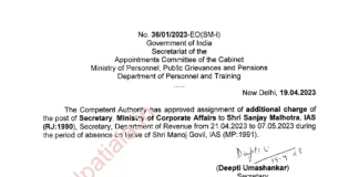Rajasthan cadre IAS gets additional charge of secretary, corporate affairs
