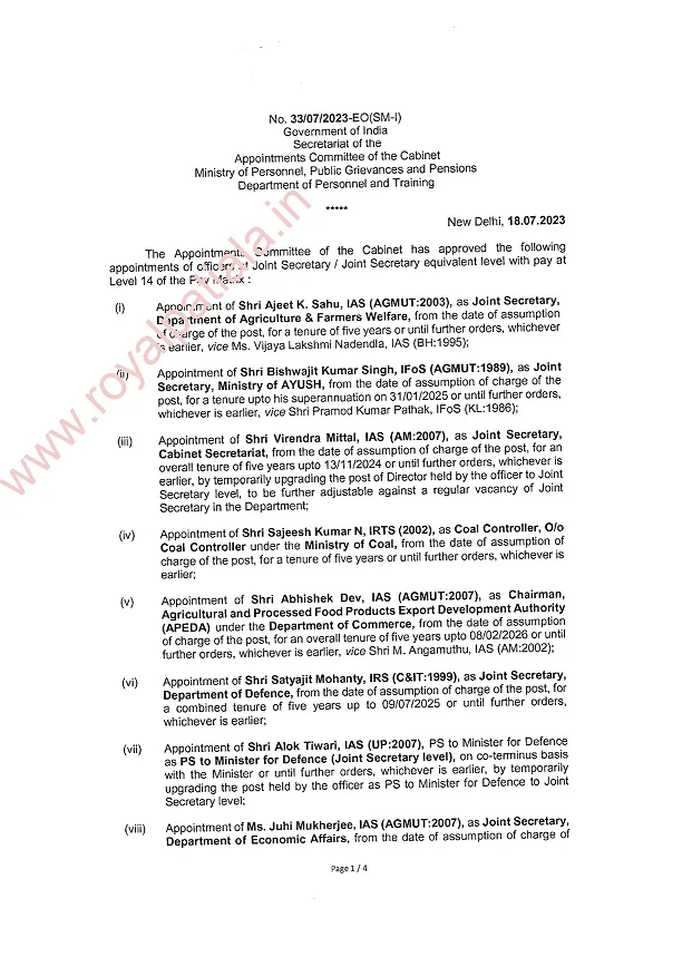 30 joint secretary level IAS and others transferred by Appointment Committee of the Cabinet
