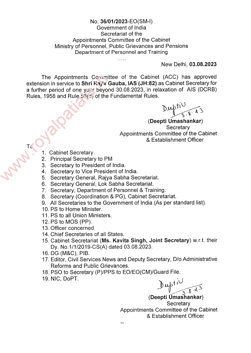 Union Govt issues order on the appointment of Cabinet Secretary
