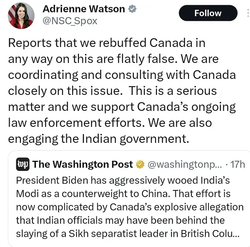 US came in support of Canada; issues statement on India-Canada row