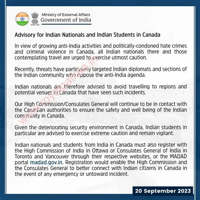 After Canada, Indian govt too issues advisory for Indian Nationals and Indian Students in Canada