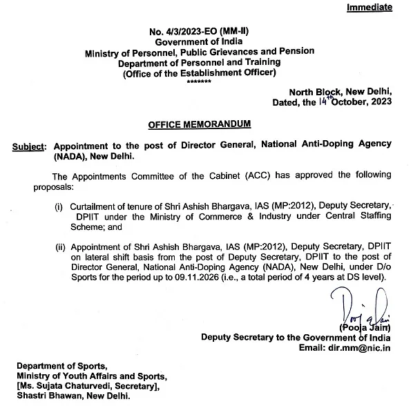 IAS officer appointed as director general of anti-doping agency NADA