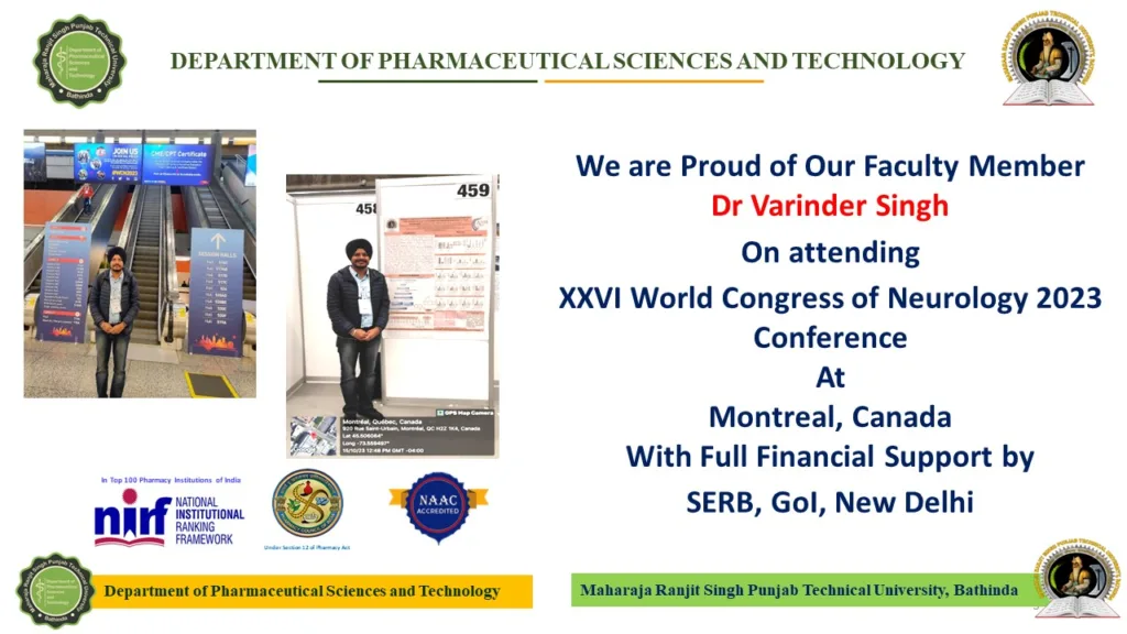 Dr Varinder Singh brings laurels for MRSPTU; presented research paper at prestigious World Congress of Neurology, Canada