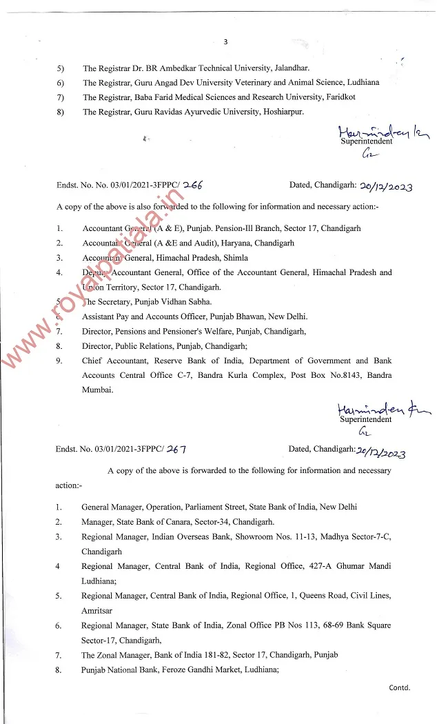 4 percent DA letter to Pensioners, Family Pensioners issued by Punjab govt ; copy forwarded to all bankers