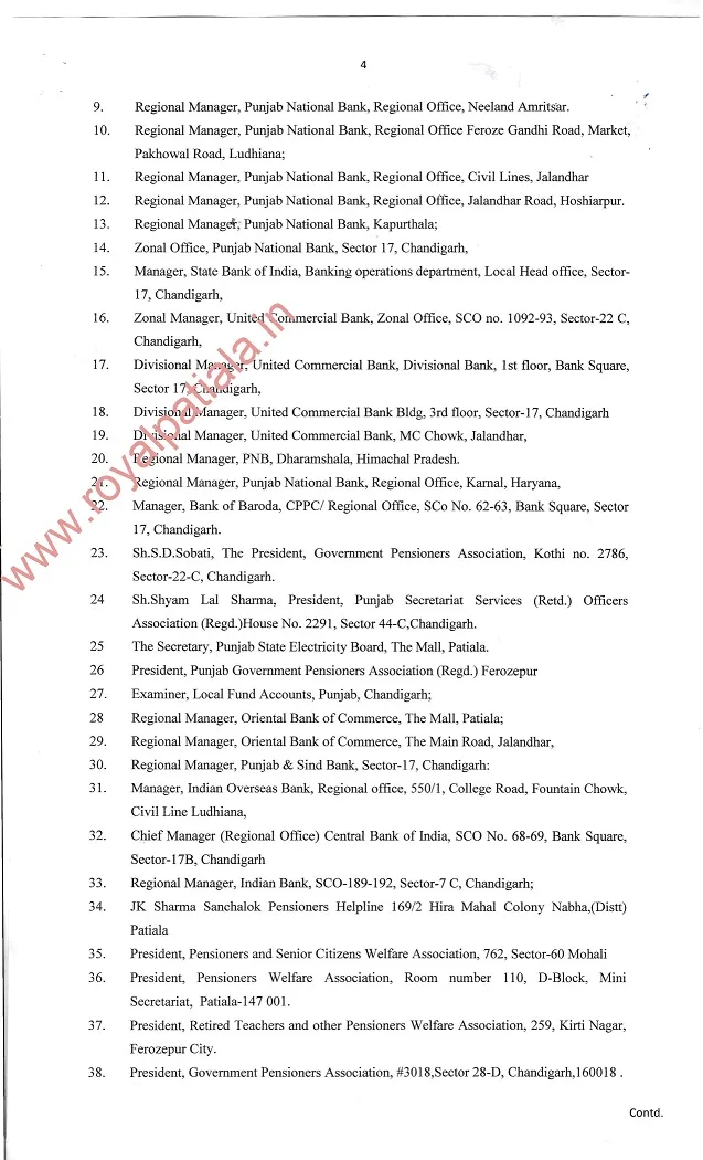 4 percent DA letter to Pensioners, Family Pensioners issued by Punjab govt ; copy forwarded to all bankers