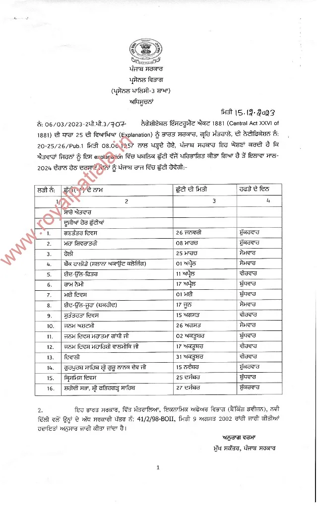 Punjab govt releases 2024 holidays list